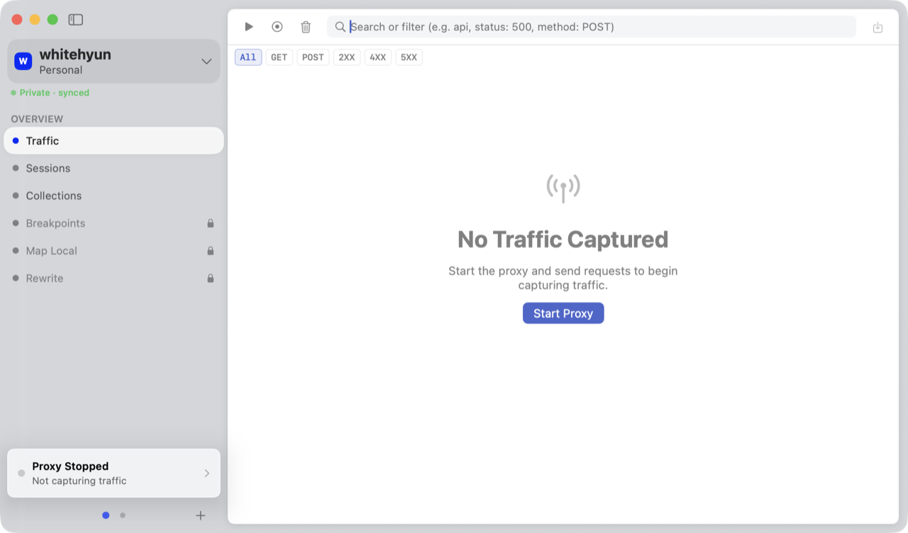 Lens Personal Space with the proxy stopped and no traffic captured on macOS